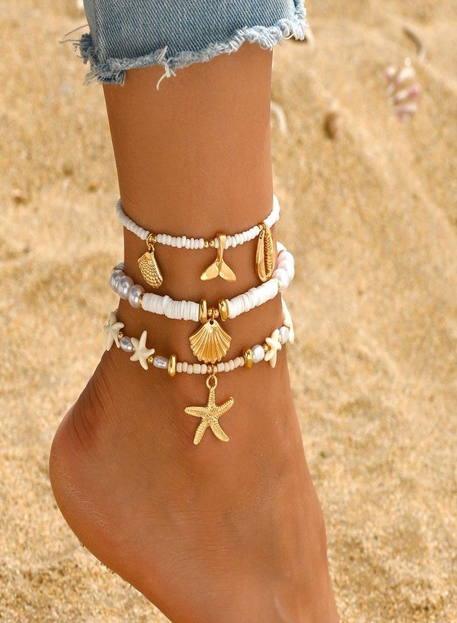 Palotay Summer Beach Ankle Bracelet for Women Waterproof Boho Beads Starfish Seashell Anklets Adjustable Surfer Preppy Ankles Set Beach Vacation Accessories White - Image 2